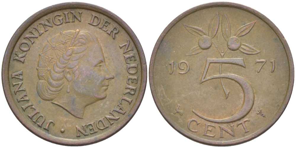 НИДЕРЛАНДЫ 5 ЦЕНТОВ 1971 ЮЛИАНА (1948-1980) KM 181 бронза 213-1113