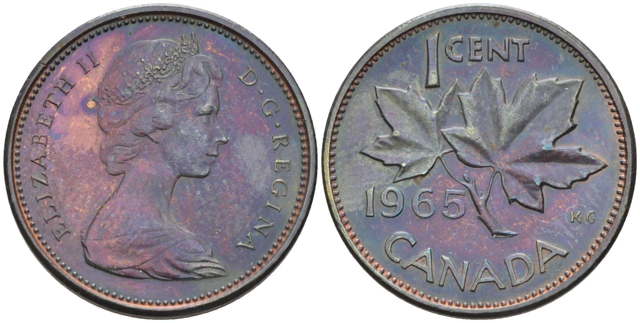 Канада 1 цент 1965 Елизавета II (1952-2022), кленовый лист KM 59.1 бронза  4147-245