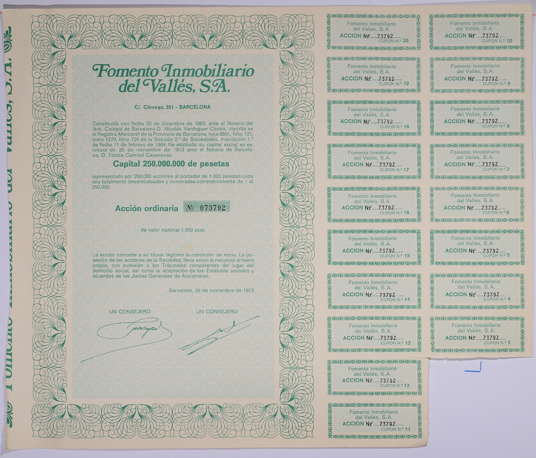 Испания акция на 1000 песет 1973 Fomento Inmobiliario del Valles, S.A., Барселона 1973, с купонами бумага 5548-38-1-2