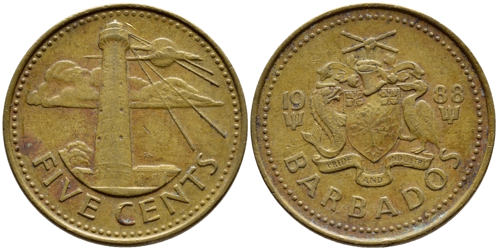Барбадос 5 центов 1988 маяк Саут-Пойнт KM 11 латунь 4398-537
