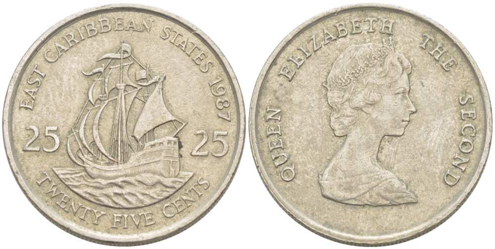 Восточно-Карибские штаты 25 центов 1987 Елизавета II (1952-2022), парусник KM 14 медно-никель 217-1021
