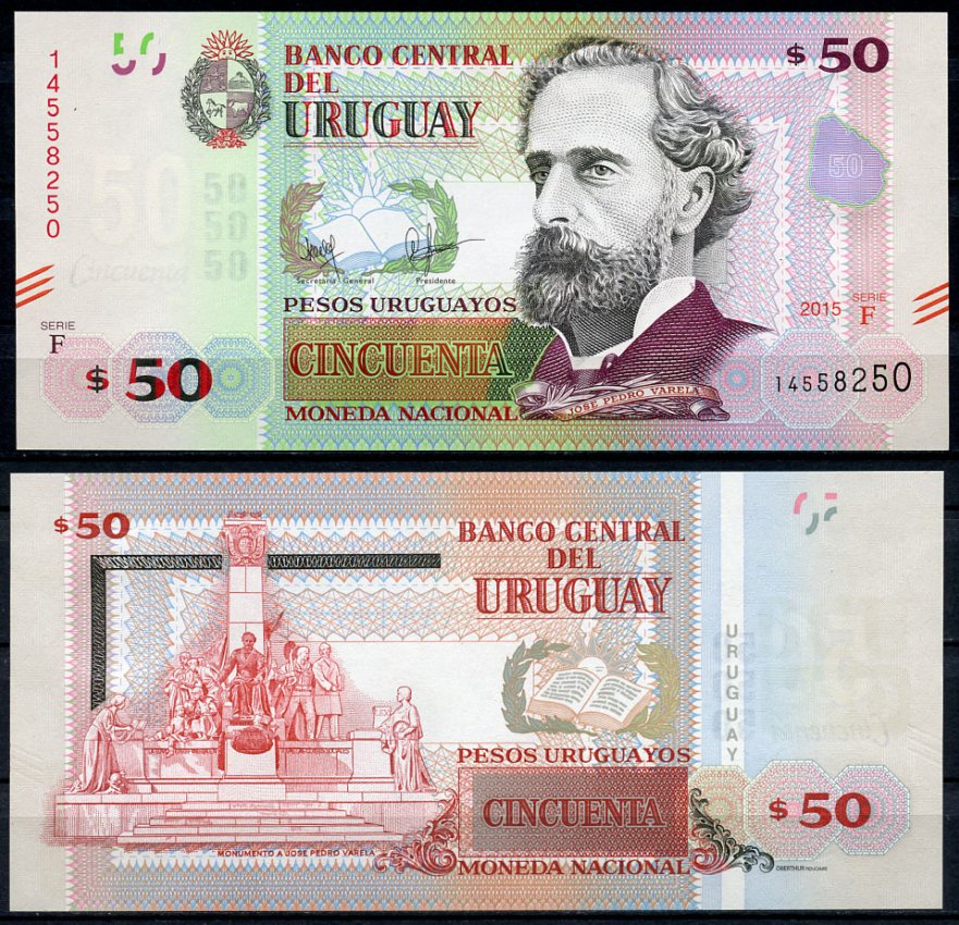 Уругвай 50 песо 2015 Жозе Педро Варела, монумент Варела Pick 94 бумага UNC (пресс) 447-50-2