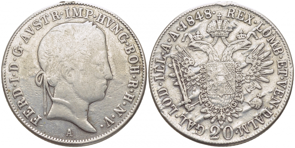 Австрия 20 крейцеров 1848 А, Фердинанд I, (1835-1848),  с подвески KM 2208 серебро    3896-1134