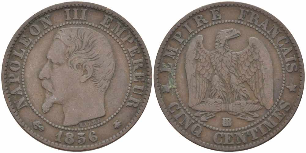 Франция 5 сантимов 1856 BB, Наполеон III (1852-1870) KM 777.3, LE FRANC 116.32 бронза 108-423