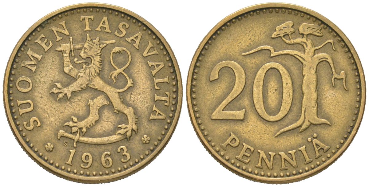 Финляндия 20 пенни 1963 S KM 47 алюминиевая бронза 4577-523
