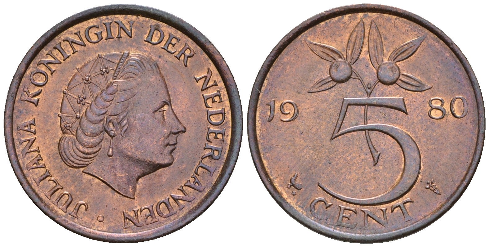 Нидерланды 5 центов 1980 Юлиана (1948-1980) KM 181 бронза UNC 4606-1023