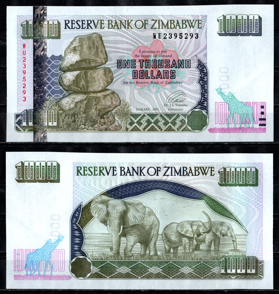 Зимбабве 1000 долларов 2003 слоны, малые цифры Pick 12 b  бумага  UNC (пресс) 449-109-3