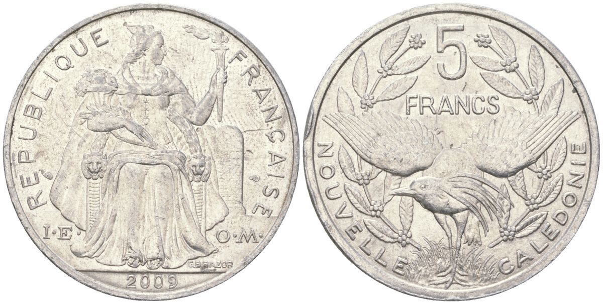 Французская Новая Каледония 5 франков 2009 птица кагу, (IEOM) KM 16, Schoen 12, Lec 81k алюминий 221-846