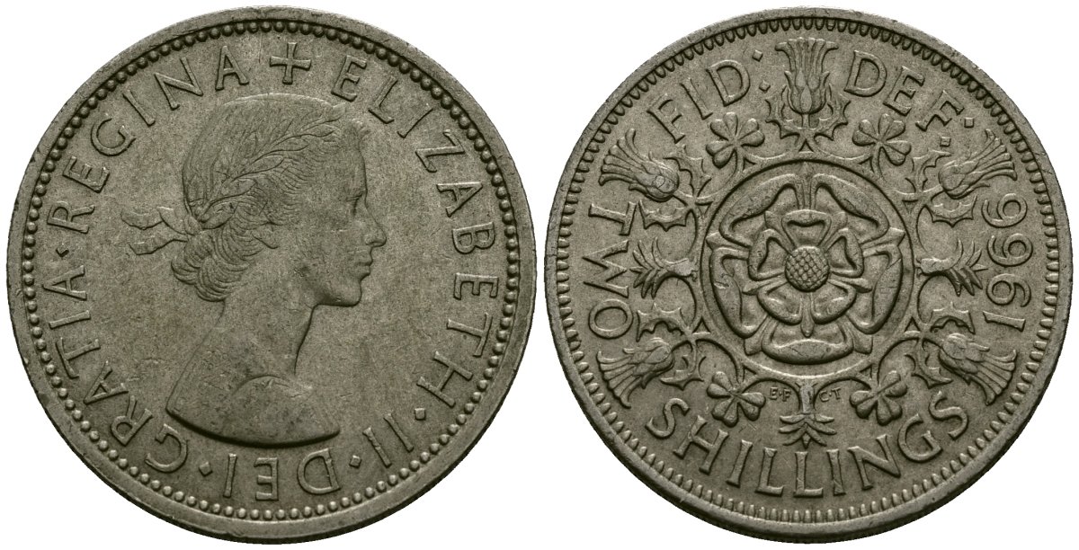 Великобритания 2 шиллинга (флорин) 1966 Елизавета II (1952-2022) KM 906, Spink 4146 медно-никель 4120-833