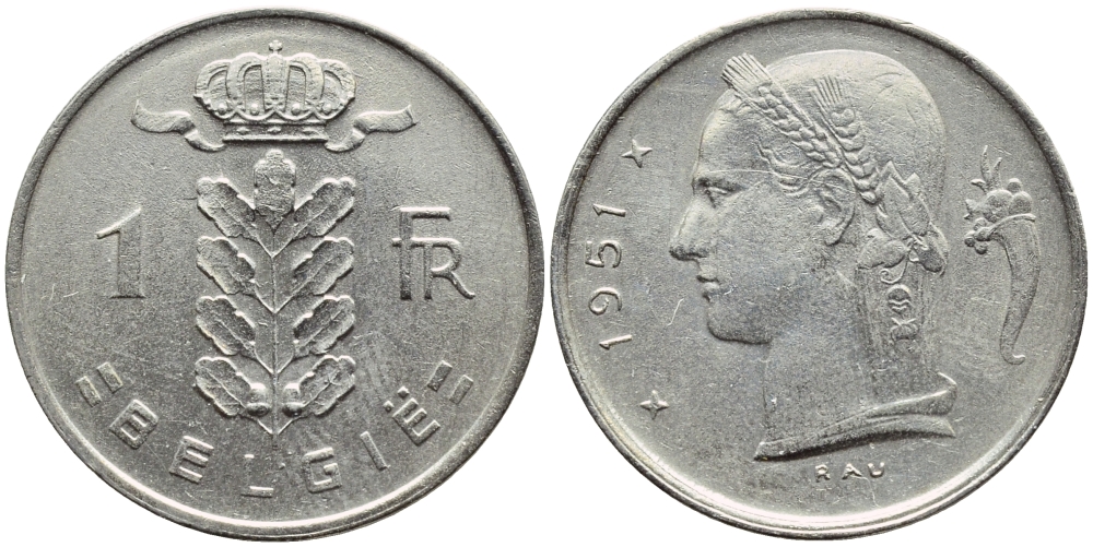 БЕЛЬГИЯ 1 ФРАНК 1951 BELGIE KM 143.1 медно-никель 4390-331