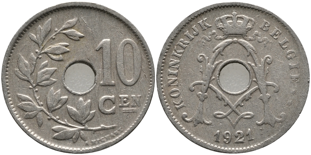 БЕЛЬГИЯ 10 САНТИМОВ 1921 BELGIE KM 86 медно-никель 4364-2142