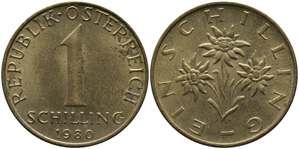 Австрия 1 шиллинг 1980 KM 2886 алюминиевая бронза 33-526
