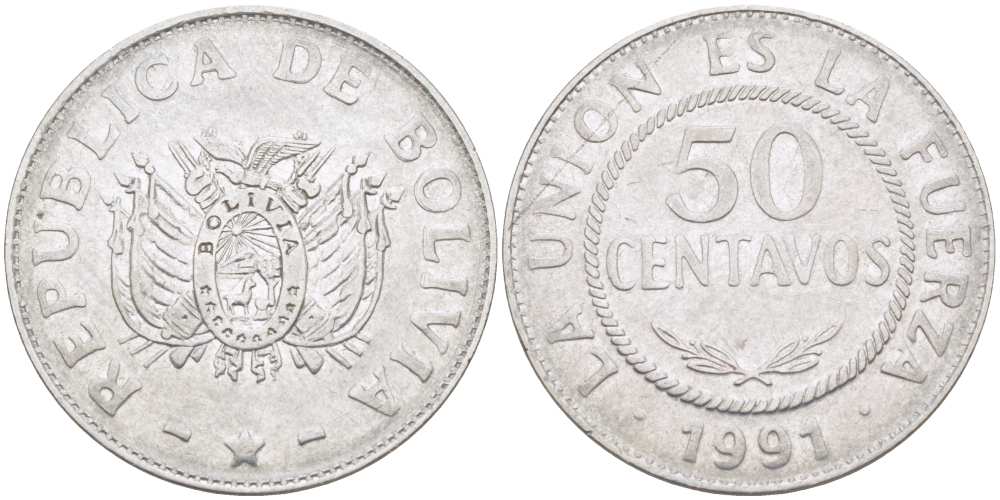 Боливия 50 сентаво 1991 KM 204 нержавеющая сталь 4512-1012
