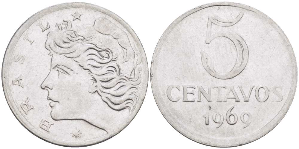 Бразилия 5 сентаво 1969  голова свободы влево KM 577.2, Schon 82a нержавеющая сталь 4514-311