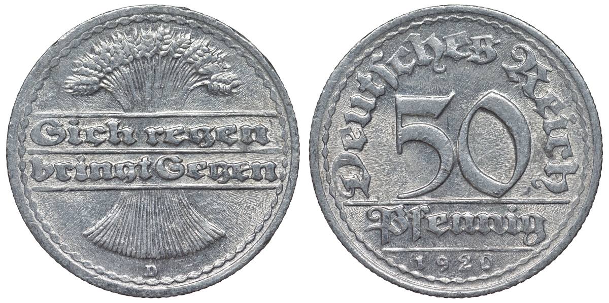 Германия 50 пфеннигов 1920 D KM 27, J. 301, Weege 10 алюминий 4119-523