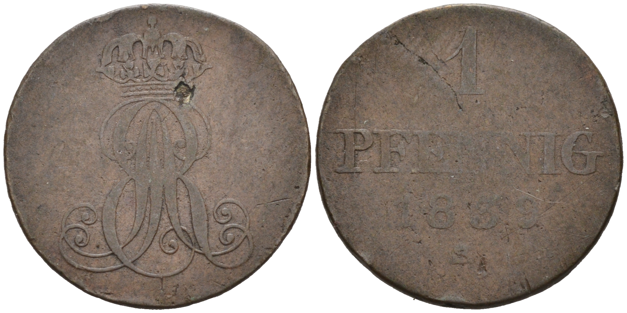 Ганновер 1 пфенниг 1839 S, Эрнст Август (1837-1851) KM 173.3, AKS 128, J. 54 медь 75-1257