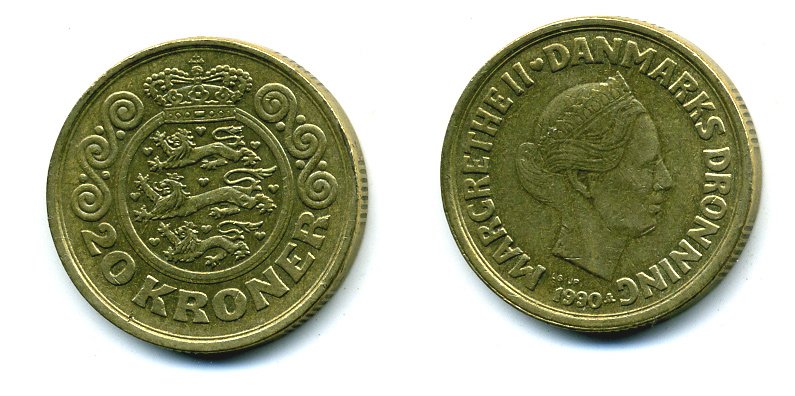 ДАНИЯ 20 КРОН 1990 LG; JP; A, МАРГРЕТЕ II (1972-) KM 871 алюминиевая бронза 25-841