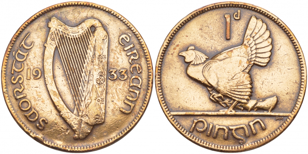 Ирландия 1 пенни 1933 курица с цыплятами KM 3 бронза 4545-234