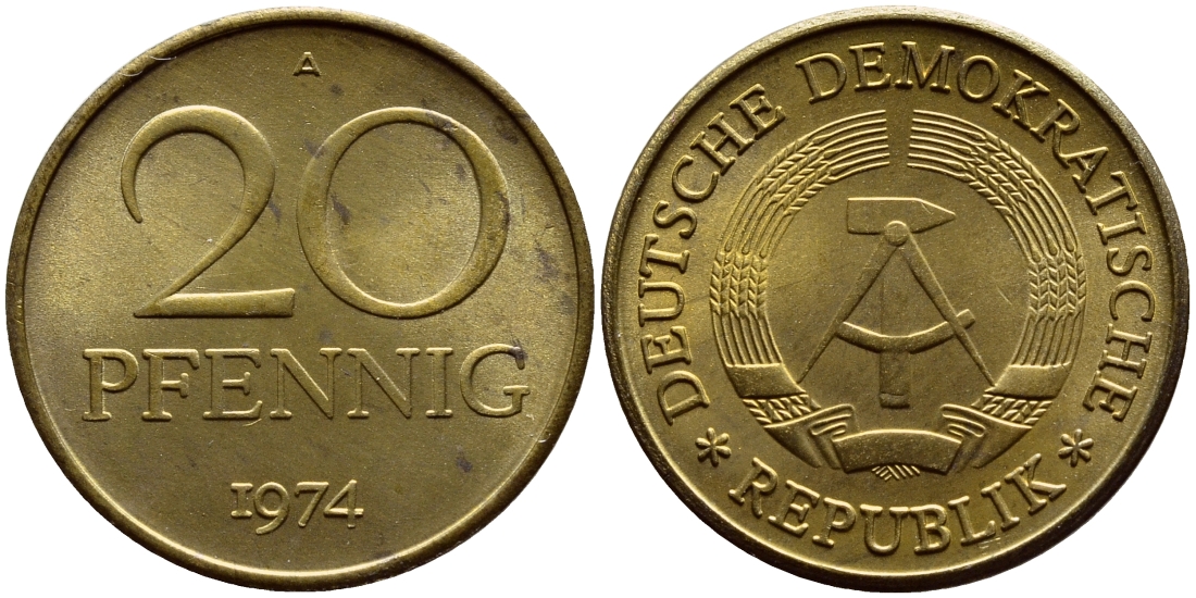 ГДР 20 пфеннигов 1974 А KM 11 латунь UNC 4681-415