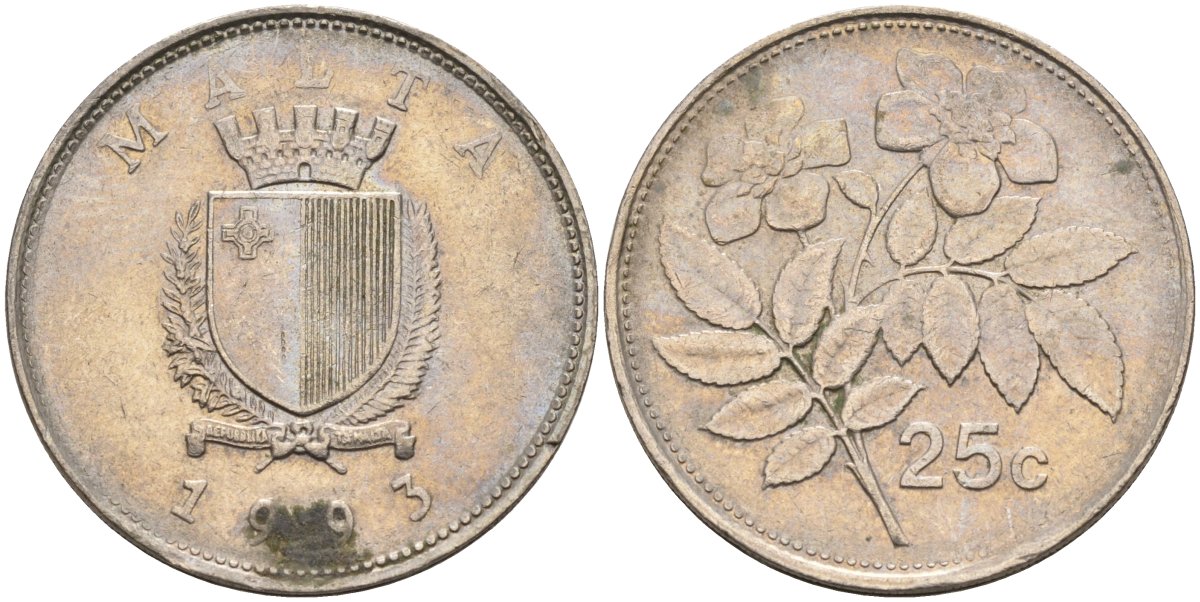 Мальта 25 центов 1993 шиповник вечнозелёный KM 97 медно-никель 3336-112
