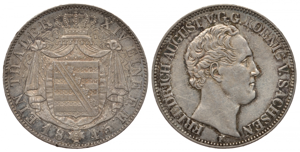 Саксония 1 талер 1845 Фридрих Август II Dav. 875, KM 1162 серебро aUNC 00-804-44