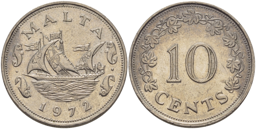Мальта 10 центов 1972 баржа Великого магистра KM 11 медно-никель 82-546