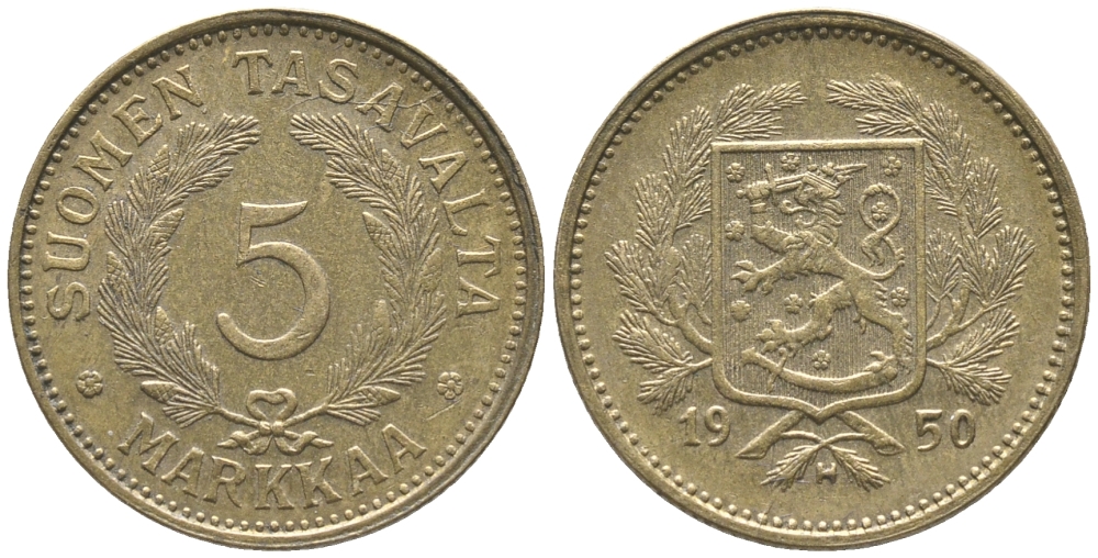 ФИНЛЯНДИЯ 5 МАРОК 1950 Н KM 31а латунь 34-115