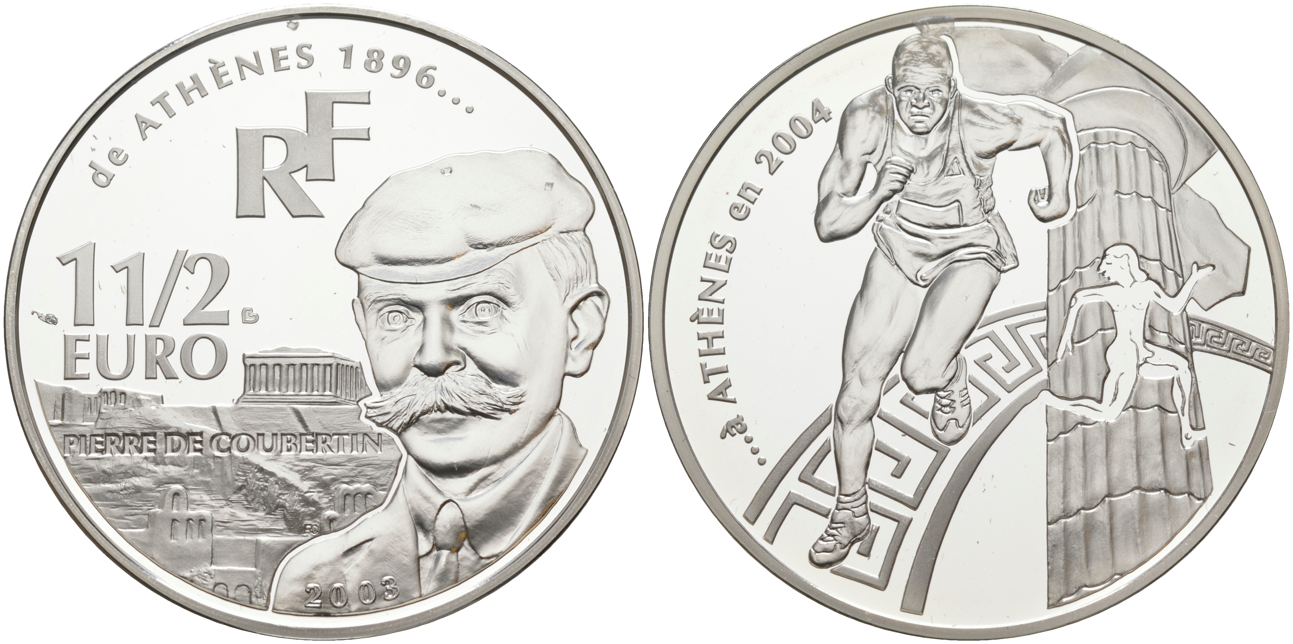 Франция 1 1/2 евро 2003 Пьер де Кубертен, Олимпийские игры 2004 года в Афинах, бег KM 1361 серебро PROOF 1074-9-23