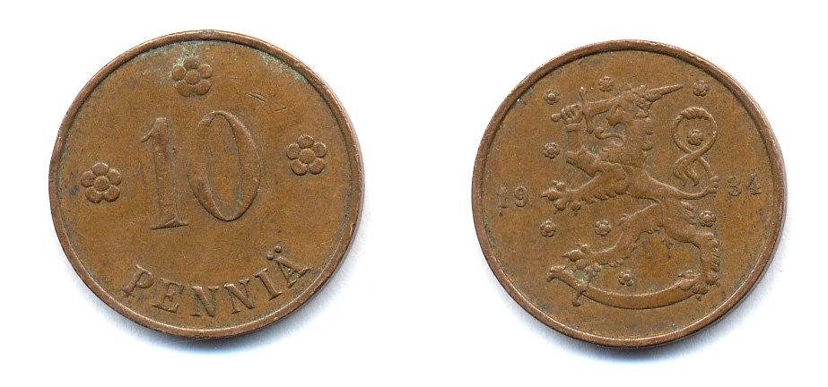 Финляндия 10 пенни 1934 республика (1918-1962) KM 24 медь 51-5413