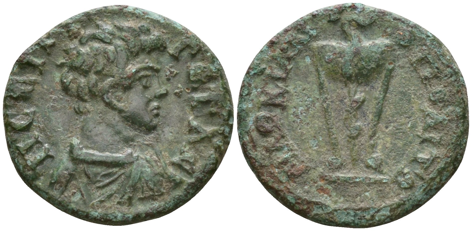Римская Империя, Провинция Нижняя Мезия, Маркианополь AE 198 - 209 Гета в ранге цезаря, бюст Геты / змея, обвившая треножник Varbanov 1116 бронза 1100-7-106
