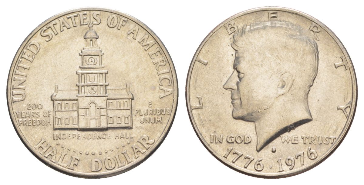 США 1/2 доллара (50 центов) 1976 D, 200 лет независимости, Джон Кеннеди KM 205 медь плакированная медно-никелем aUNC 4545-1114