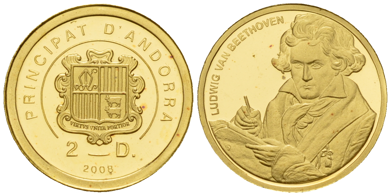 Андорра 2 динера 2008 Людвиг ван Бетховен KM 269 золото PROOF 00-801-29