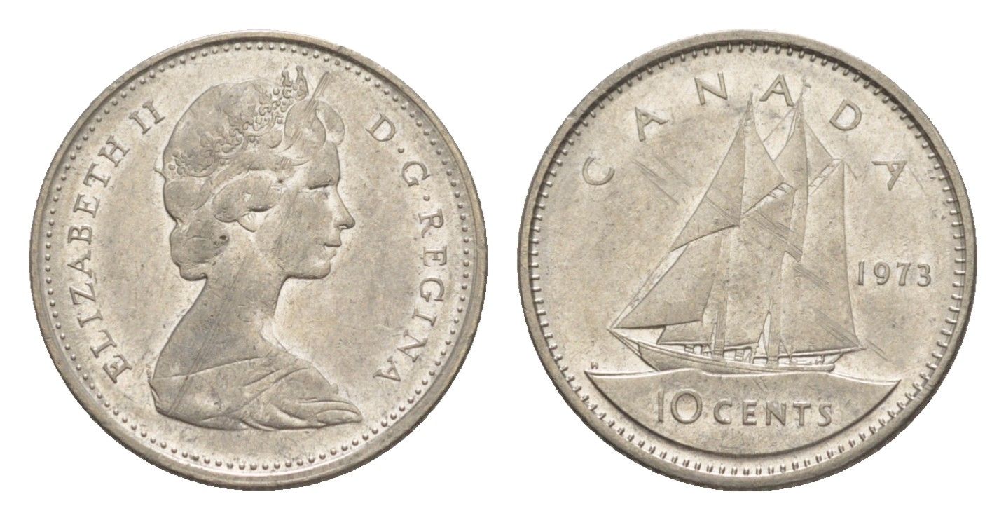 Канада 10 центов 1973 Елизавета II (1952-2022), парусник KM 77 никель 4639-627