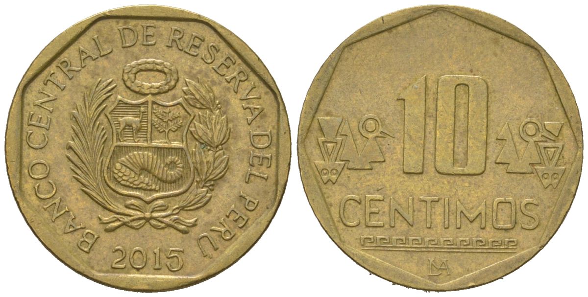 Перу 10 сентимо 2015 LIMA KM 305.4 латунь 4523-251