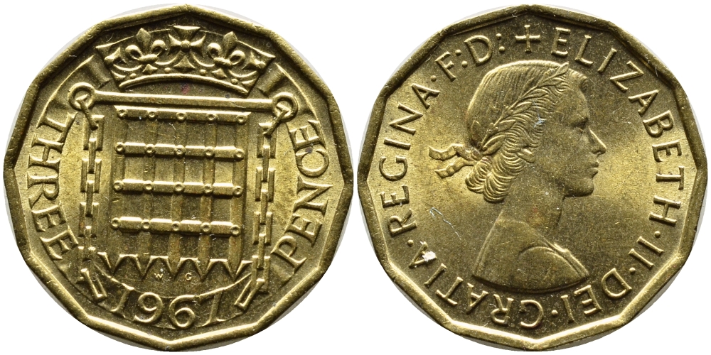 Великобритания 3 пенса 1967 Елизавета II (1952-2022) KM 900, Spink 4153 никель латунь UNC 4390-216