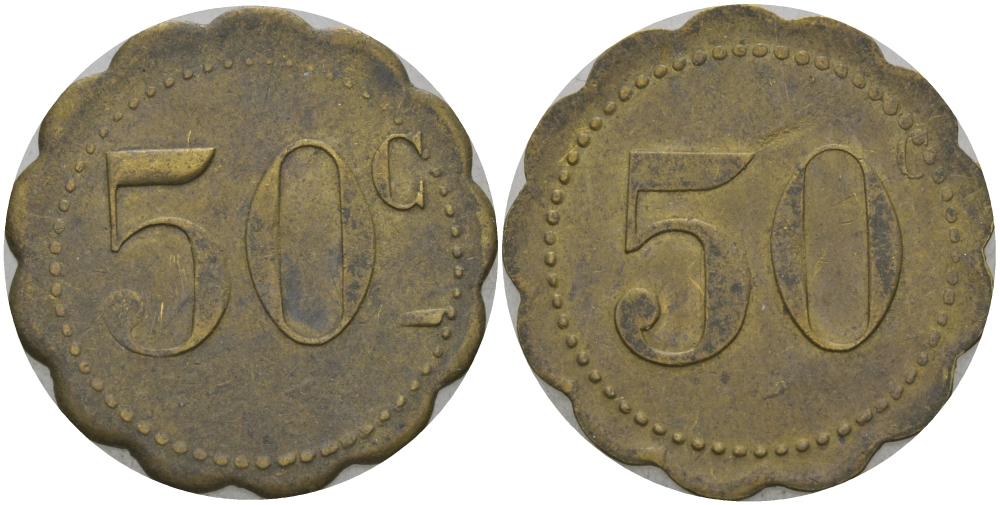 ФРАНЦИЯ 50 САНТИМОВ ND ПЛАТЕЖНЫЙ ЖЕТОН НАЧАЛА XX ВЕКА, ФИГУРНЫЙ КРАЙ, ЦИФРЫ НОМИНАЛА 10 ММ., ДИАМЕТР 24 ММ. латунь 65-425