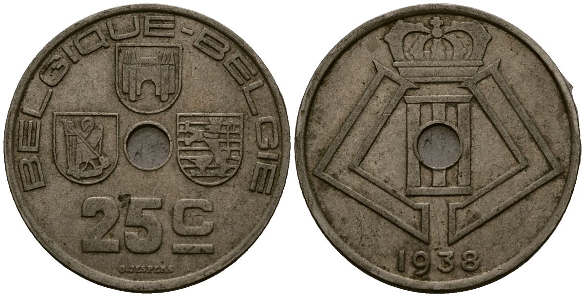 Бельгия 25 сантимов 1938 Belgique - Belgie KM 114 никель латунь 4583-626