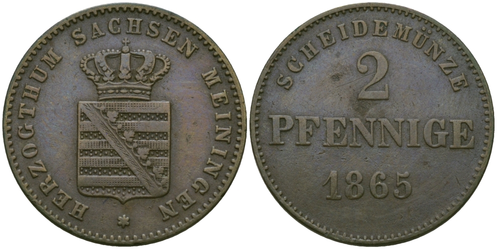 Саксен-Мейнинген 2 пфеннига 1865 Бернгард II (1803-1866) KM 171 медь 99-649