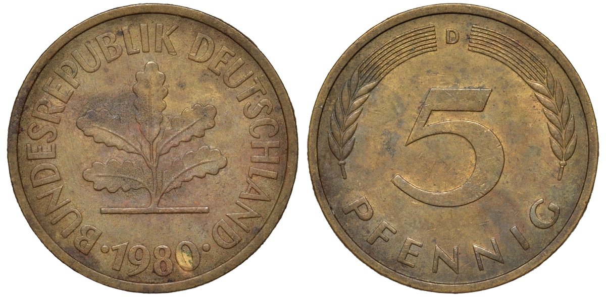 ФРГ 5 пфеннигов 1980 D KM 107, J.382 сталь плакированная латунью 4174-527