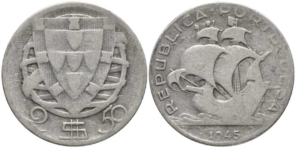 Португалия 2,50 эскудо 1945 парусник КМ 580 серебро 202-411