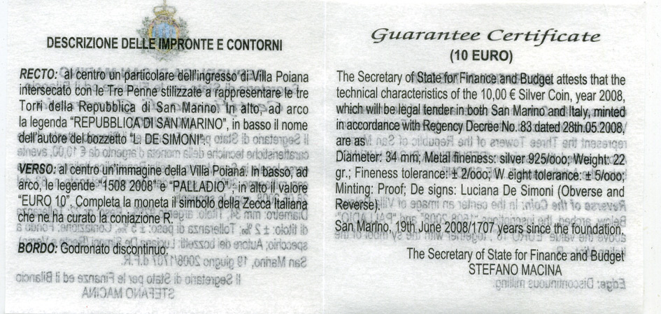 Сан-Марино 10 евро 2008 500 лет Андреа Палладио, в оригинальной коробке, сертификат KM 514 серебро PROOF 2-4-2-13