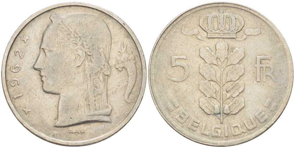 БЕЛЬГИЯ 5 ФРАНКОВ 1962 BELGIQUE, БОДУЭН I (1951-1993) KM 134.1 медно-никель 202-1235