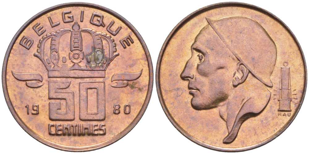 БЕЛЬГИЯ 50 САНТИМОВ 1980 BELGIQUE, БОДУЭН I (1951-1993) KM 148.1 бронза UNC 214-468