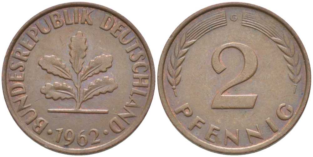 ФРГ 2 ПФЕННИГА 1962 G KM 106, J. 381 бронза 116-318