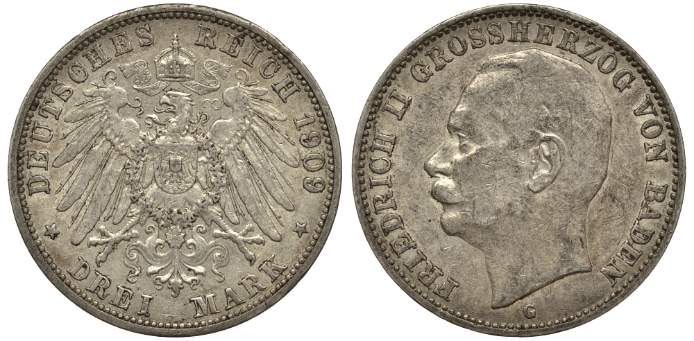 Баден 3 марки 1909 Фридрих II (1907-1918) J. 39, KM 280 серебро 413-1234