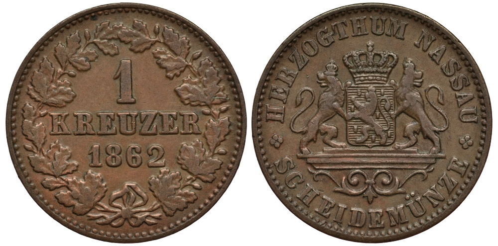 Нассау 1 крейцер 1862 Герцог Адольф (1839-1866) KM 54 медь 4513-125