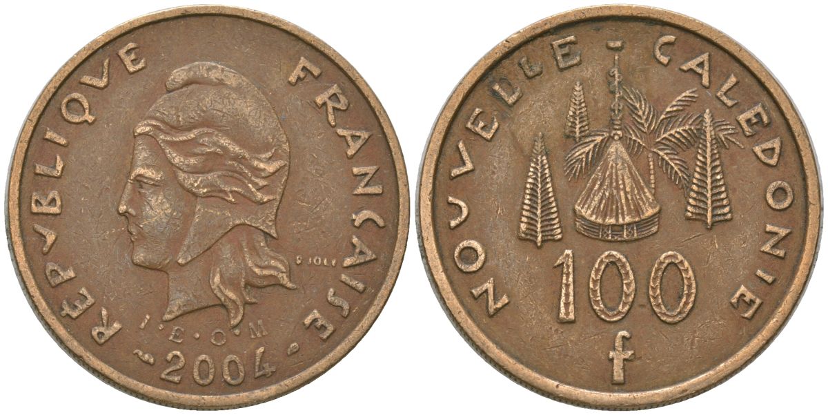 Французская Новая Каледония 100 франков 2004 хижина среди сосен и пальм, (IEOM) KM 15, Schoen 16, Lec 139h никель латунь 4149-413
