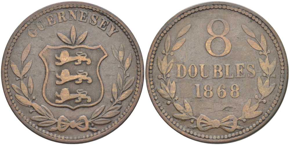 Гернси 8 даблов (дублей) 1868 KM 7 бронза 3996-523