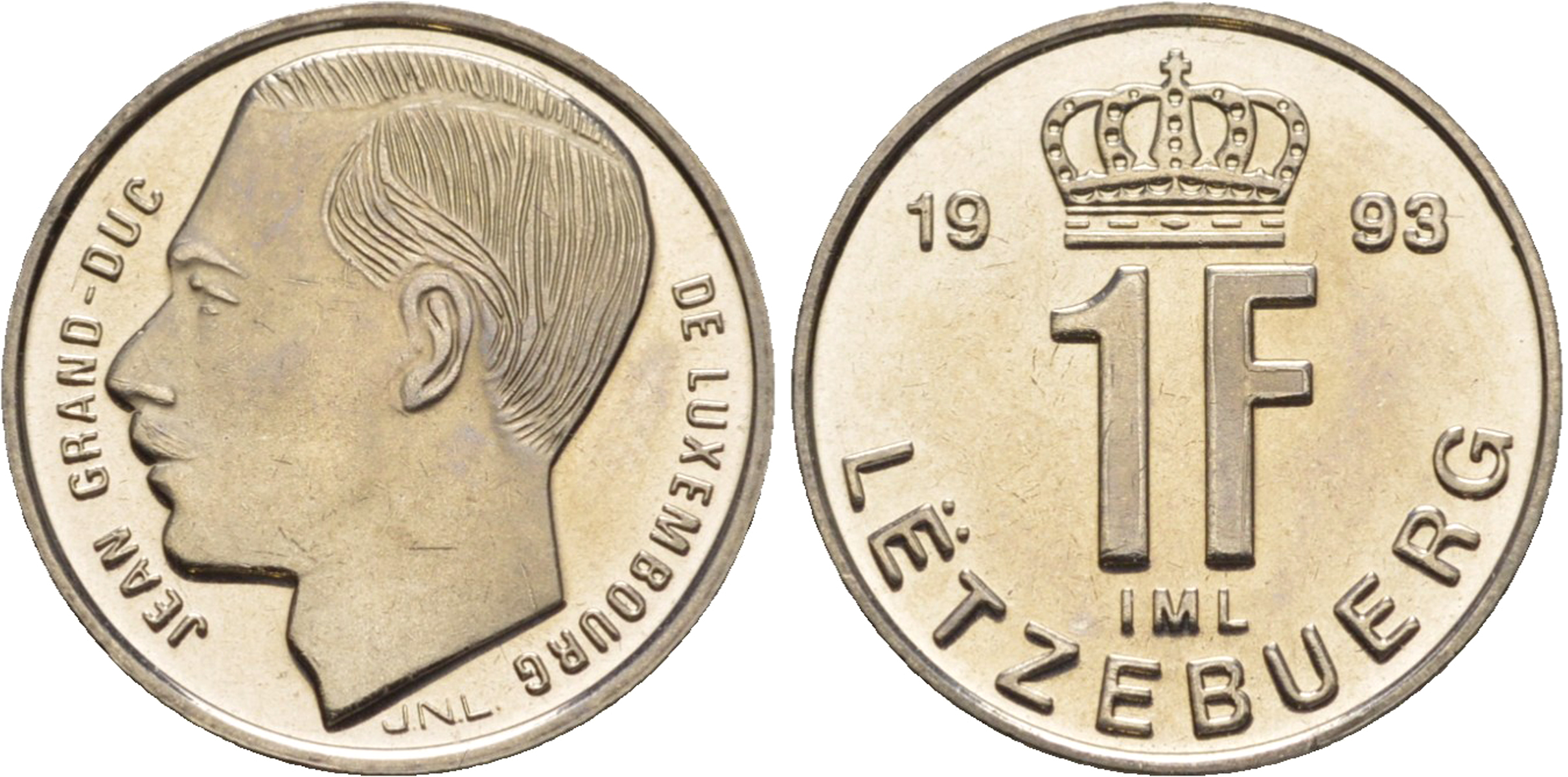 Люксембург 1 франк 1993 Великий герцог Жан (1964-2000), тираж 10.000 экземпляров KM 63 сталь плакированная никелем  BU  4635-1217