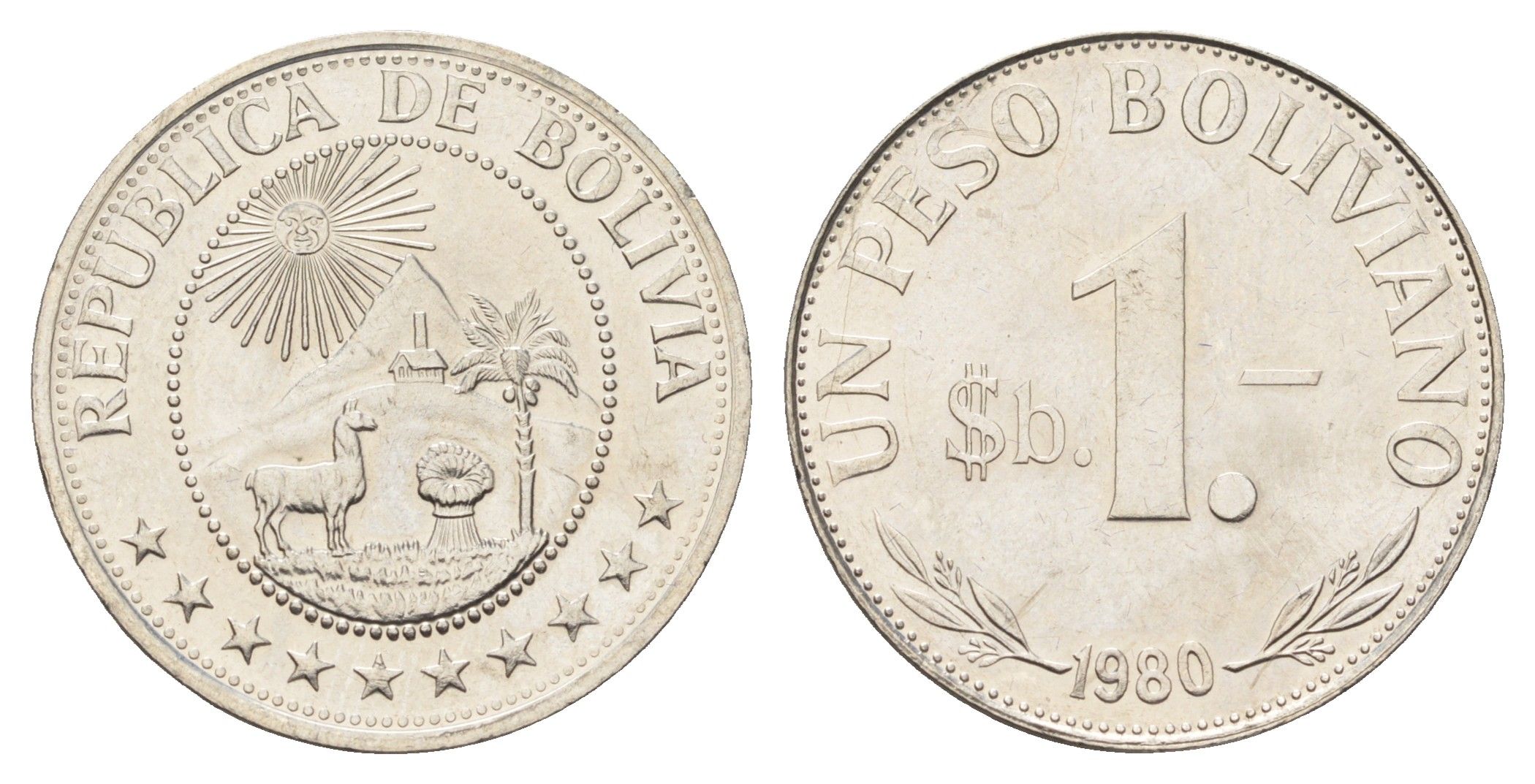 Боливия 1 песо 1980 KM 192 сталь плакированная никелем UNC 4662-524